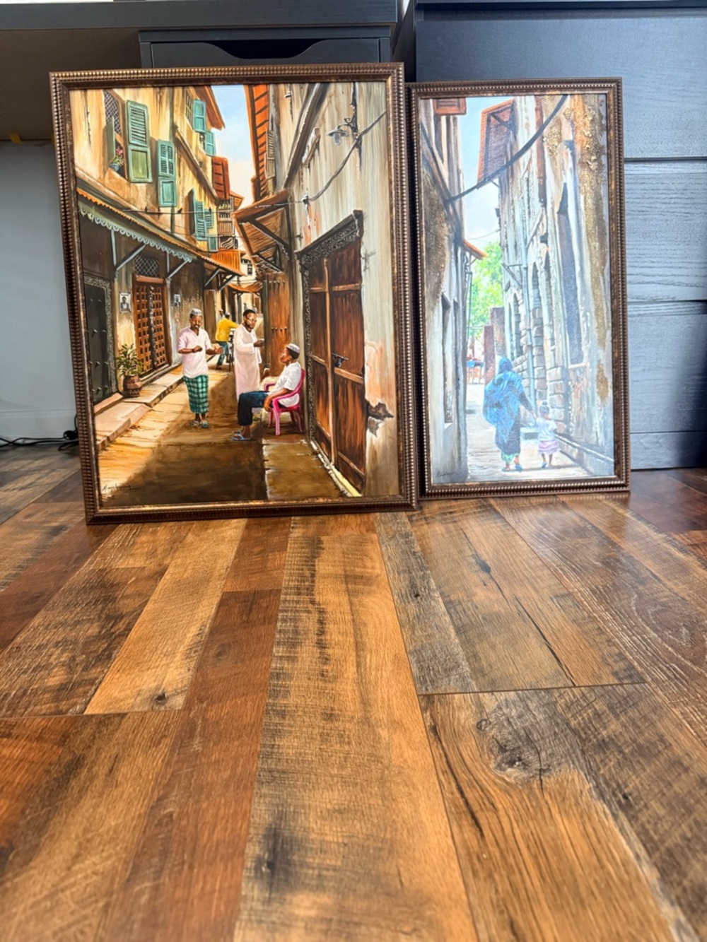 Framed African Street Market Wall Art - Handpainted from Lamu Kenya. Set